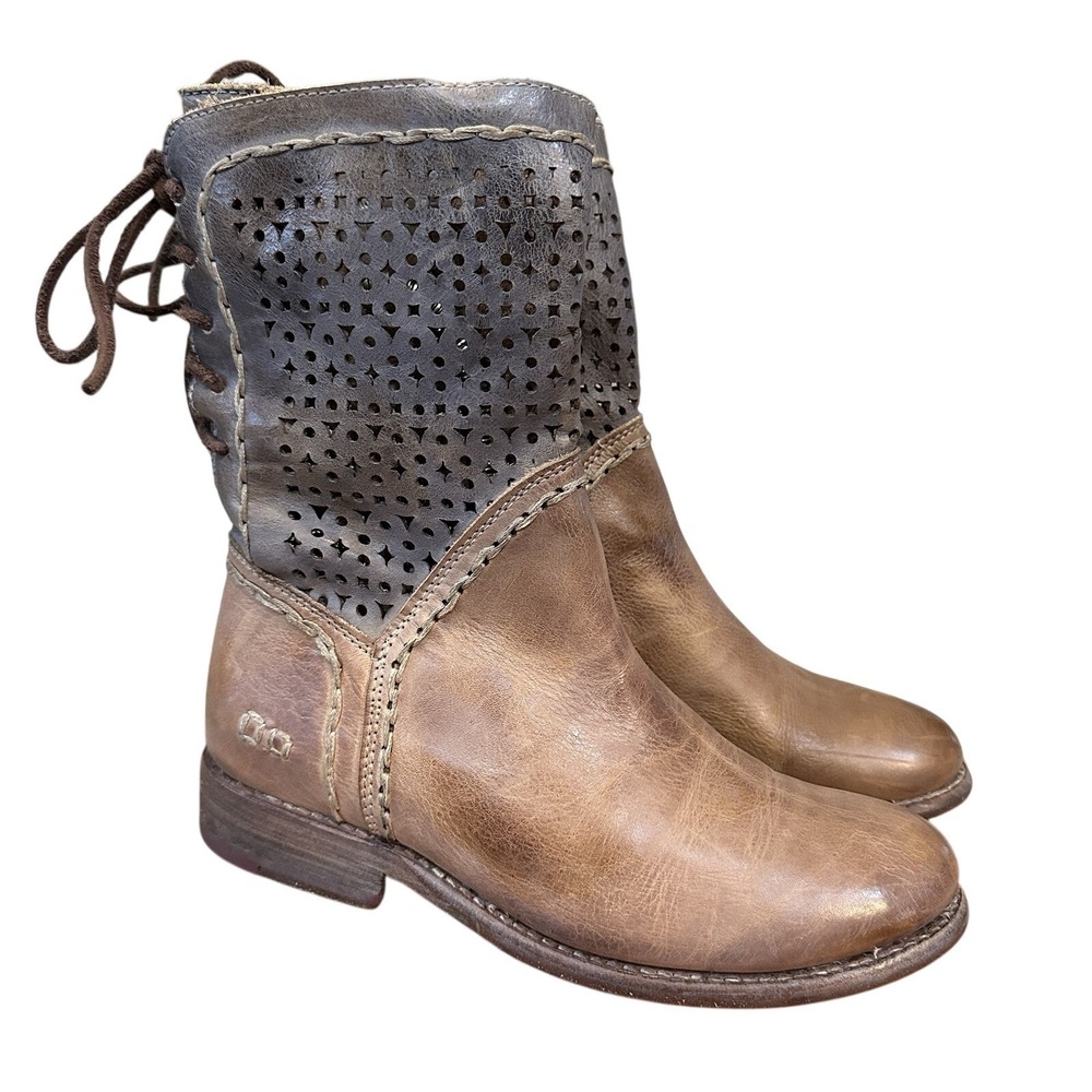 BED STU Tan Rustic Taupe Mason Cheshire Leather Boots Womens Sz 6 Laser Cutouts